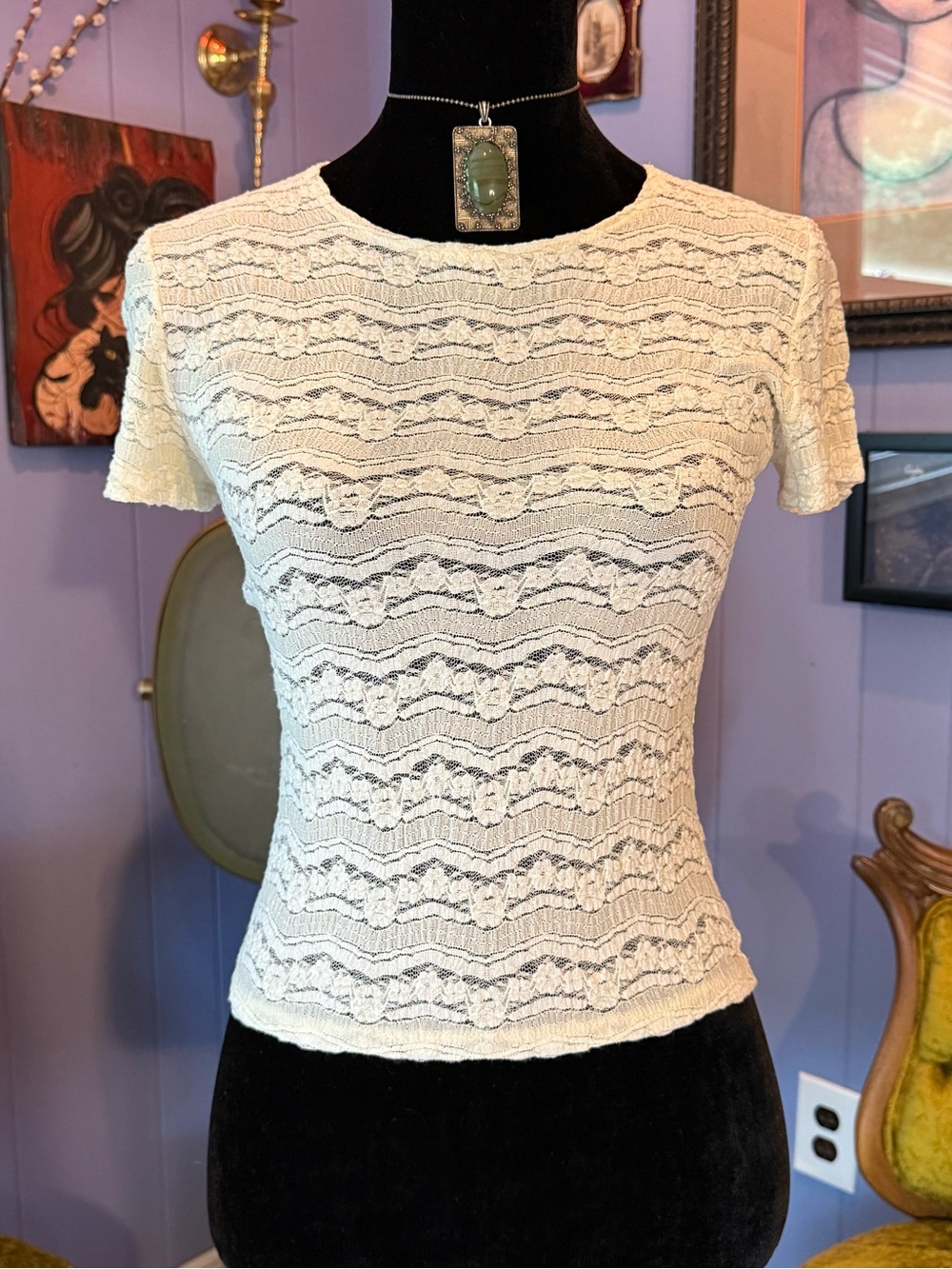 Vintage 90s Neiman Marcus Sheer Lace Romantic Grunge Coquette Fitted Top Size S